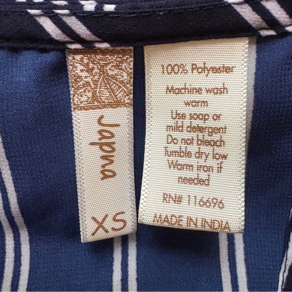 Japna Navy White Striped Back Tie Blouse XS Puff Sleeve V Neck - Picture 3 of 3
